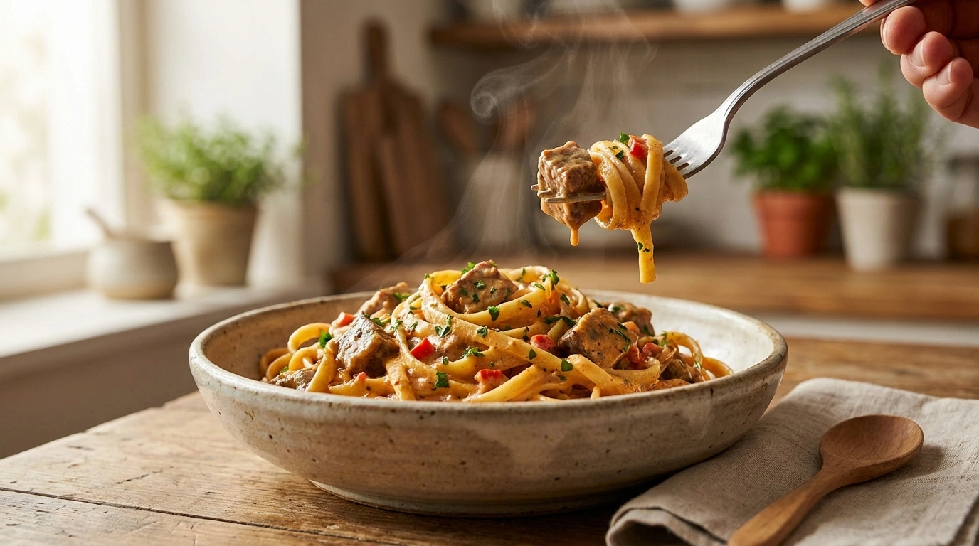Cremet oksekød pasta med paprika og fløde
